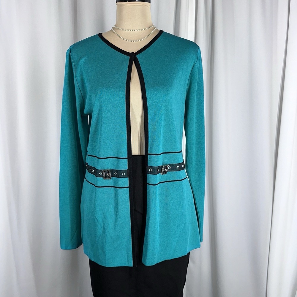 Exclusively Misook Blue Jacket Open Front Cardigan Black Trim Sweater Knit Sz XS